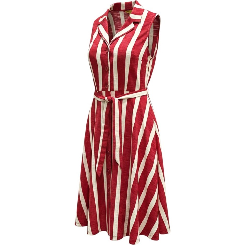 April Cornell Red White Stripe Cotton Sleeveless Button Front Midi Dress M Chic